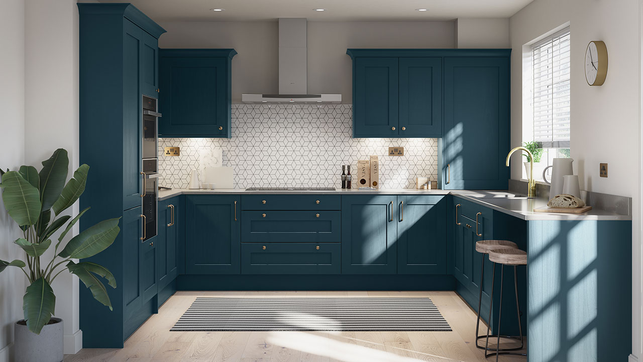 A considered shaker kitchen with a blue island