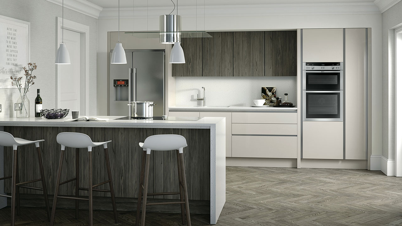 A calm handleless kitchen with timber detail